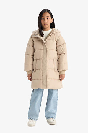 Kız Çocuk Su Geçirmez Kapüşonlu Fermuarlı Parka