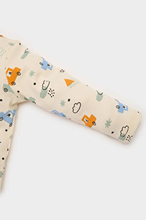 Erkek Bebek Pijama Takımı Araç Baskılı Fitilli Kaşkorse Uzun Kollu Üst Beli Lastikli Uzun Alt