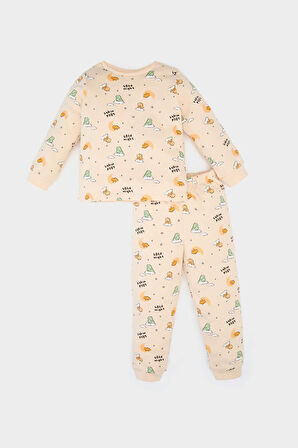 Erkek Bebek Pijama Takımı Dinazor Desenli Uzun Kollu Üst Beli Lastikli Uzun Alt 