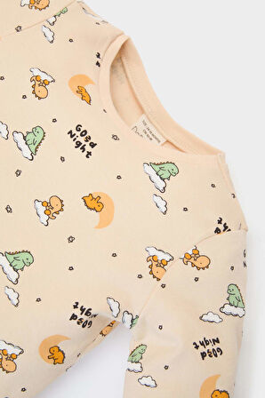 Erkek Bebek Pijama Takımı Dinazor Desenli Uzun Kollu Üst Beli Lastikli Uzun Alt 