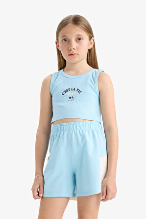 DeFacto Kız Çocuk 2'li Takım Baskılı Kolsuz Tişört Şort E4758A825HSTR487