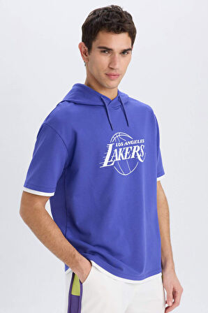 DeFactoFit NBA Los Angeles Lakers Oversize Geniş Kalıp Kapüşonlu Sırt Baskılı Kısa Kollu Tişört B3895AX25SPPR488