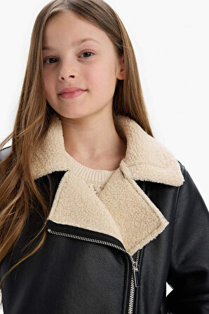 Kız Çocuk Su İtici Ceket Yaka Pelüş Astar Suni Deri Ceket Mont