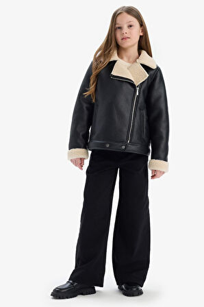 Kız Çocuk Su İtici Ceket Yaka Pelüş Astar Suni Deri Ceket Mont