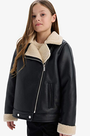 Kız Çocuk Su İtici Ceket Yaka Pelüş Astar Suni Deri Ceket Mont