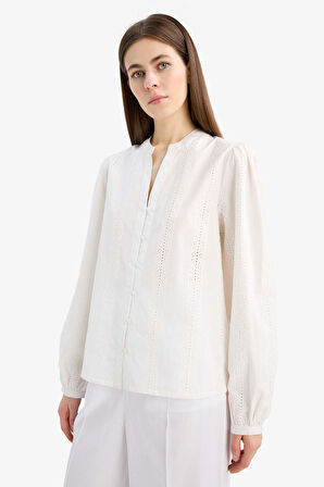 Fitted Bisiklet Yaka Brode Uzun Kollu Gömlek