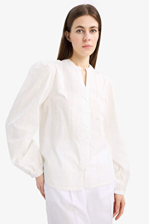 Fitted Bisiklet Yaka Brode Uzun Kollu Gömlek