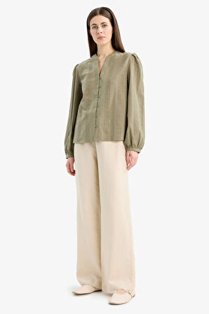 Fitted Bisiklet Yaka Brode Uzun Kollu Gömlek