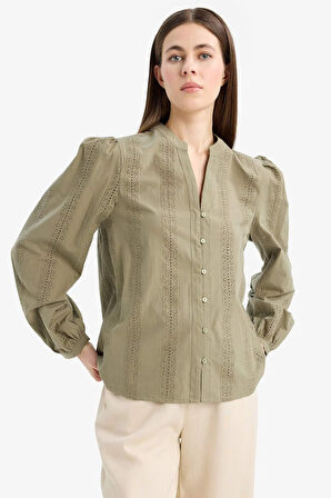 Fitted Bisiklet Yaka Brode Uzun Kollu Gömlek