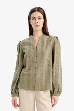 Fitted Bisiklet Yaka Brode Uzun Kollu Gömlek