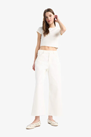 Culotte Gabardin Kumaş Pantolon Yüksek Bel Basic Düz Cepli Geniş Bol Paça