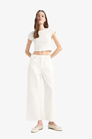 Culotte Gabardin Kumaş Pantolon Yüksek Bel Basic Düz Cepli Geniş Bol Paça