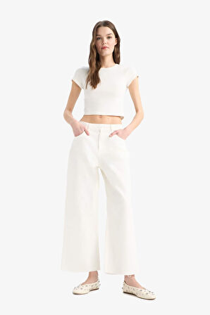 Culotte Gabardin Kumaş Pantolon Yüksek Bel Basic Düz Cepli Geniş Bol Paça