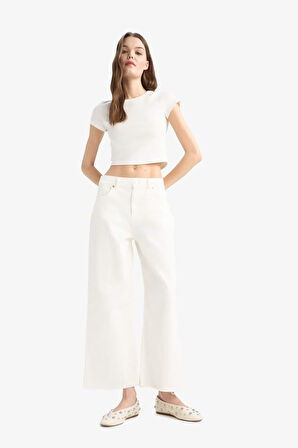 Culotte Gabardin Kumaş Pantolon Yüksek Bel Basic Düz Cepli Geniş Bol Paça