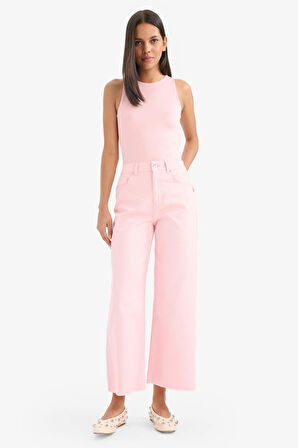 Culotte Gabardin Kumaş Pantolon Yüksek Bel Geniş Paça