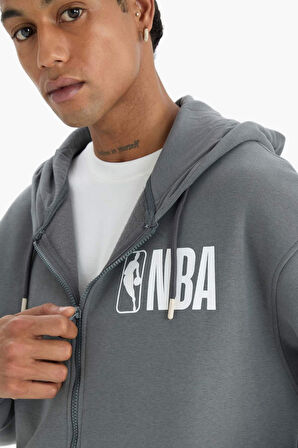 DeFactoFit NBA Wordmark Oversize Geniş Kalıp Cepli Kalın Fermuarlı Sweatshirt D8615AX25SPGR311