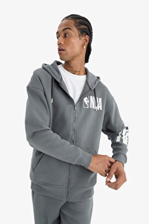 DeFactoFit NBA Wordmark Oversize Geniş Kalıp Cepli Kalın Fermuarlı Sweatshirt D8615AX25SPGR311