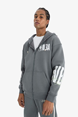 DeFactoFit NBA Wordmark Oversize Geniş Kalıp Cepli Kalın Fermuarlı Sweatshirt D8615AX25SPGR311