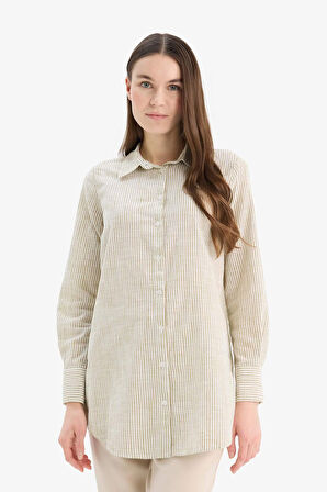 Regular Fit Çizgili Flamlı Pamuk Uzun Kollu Gömlek Tunik