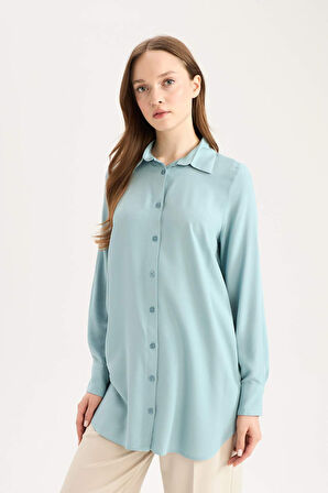 Regular Fit Basic Düz Uzun Kollu Gömlek Tunik	
