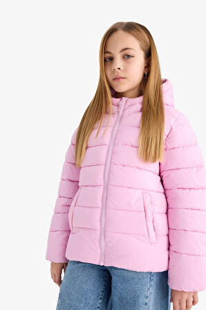 Kız Çocuk Su Geçirmez Kapüşonlu Fermuarlı Şişme Mont