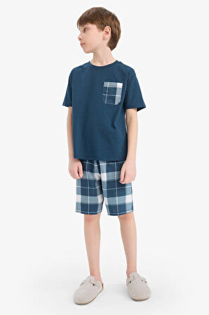 DeFacto Erkek Çocuk Pijama Takımı Kısa Kollu Üst Kareli Şort E0020A825HSNV257