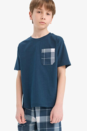 DeFacto Erkek Çocuk Pijama Takımı Kısa Kollu Üst Kareli Şort E0020A825HSNV257