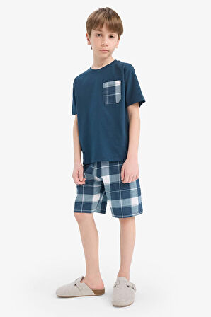 Erkek Çocuk Pijama Takımı Kısa Kollu Üst Kareli Şort