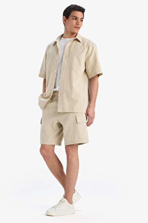 DeFacto %100 Pamuk Regular Kargo Cepli Keten Görünümlü Bermuda Şort E7799AX25SPBG430