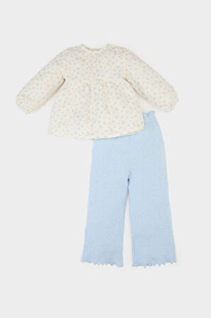 Kız Bebek 2'li Takım Çiçekli Müslin Uzun Kollu Bluz Beli Lastikli Geniş Bol Paça Pantolon