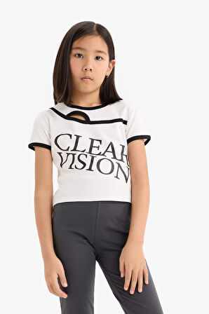 DeFacto Kız Çocuk Slim Fit Dar Kesim Bisiklet Yaka Baskılı Fitilli Kaşkorse Kısa Kollu Tişört E1878A825SMER85