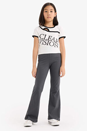 DeFacto Kız Çocuk Slim Fit Dar Kesim Bisiklet Yaka Baskılı Fitilli Kaşkorse Kısa Kollu Tişört E1878A825SMER85