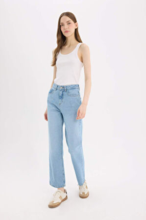 Straight Fit Yüksek Bel Bilek Boy Jean Yıkamalı Pantolon