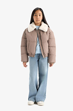 Kız Çocuk Yakası Suni Kürklü Fermuarlı Mont