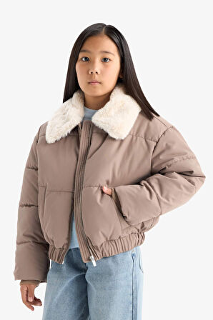 Kız Çocuk Yakası Suni Kürklü Fermuarlı Mont