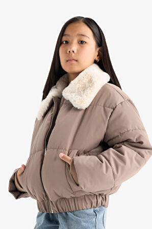 Kız Çocuk Yakası Suni Kürklü Fermuarlı Mont