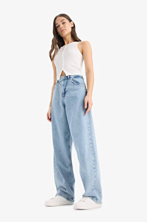 Baggy Fit Yüksek Bel Uzun Jean Yıkamalı Pantolon