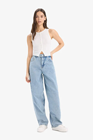 Baggy Fit Yüksek Bel Uzun Jean Yıkamalı Pantolon