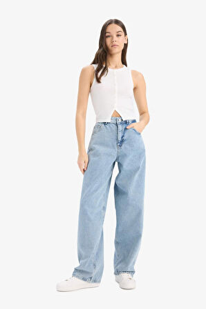 Baggy Fit Yüksek Bel Uzun Jean Yıkamalı Pantolon