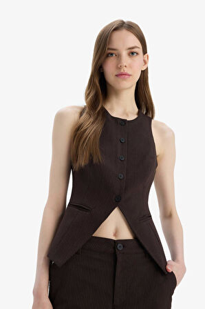 Fitted Bisiklet Yaka Düğmeli Kolsuz Triko Hırka