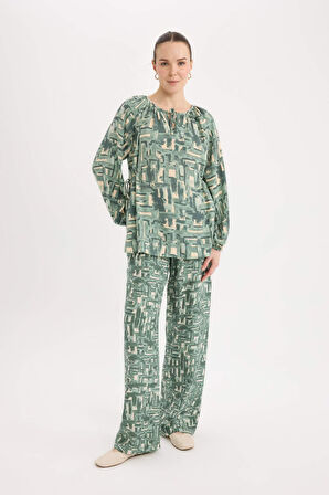 DeFacto Regular Fit Büzgülü Yaka Desenli Uzun Kollu Bluz E6860AX25SPGN1110