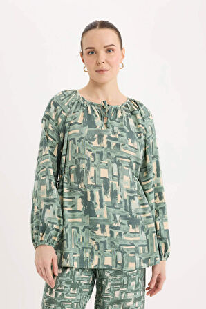 DeFacto Regular Fit Büzgülü Yaka Desenli Uzun Kollu Bluz E6860AX25SPGN1110