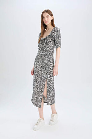 Bodycon Vücudu Saran Kare Yaka Floral Bürümcük Yarım Kol Midi Elbise