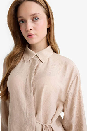 Regular Fit Büzgülü Krinkıl Kumaş Uzun Kollu Gömlek