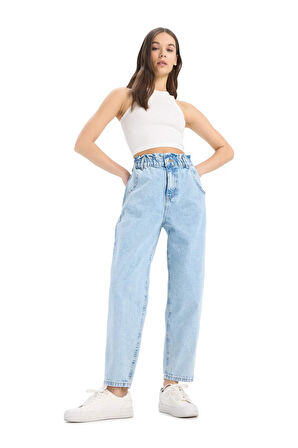 DeFacto Paperbag Beli Lastikli Bilek Boy Jean Yıkamalı Pantolon E3184AX25SPNM85