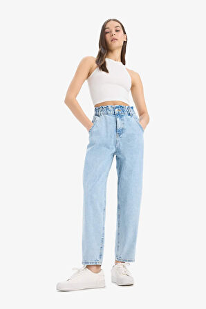 DeFacto Paperbag Beli Lastikli Bilek Boy Jean Yıkamalı Pantolon E3184AX25SPNM85