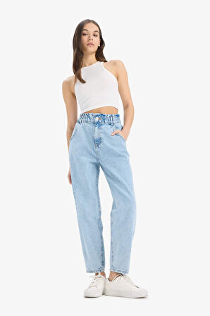 DeFacto Paperbag Beli Lastikli Bilek Boy Jean Yıkamalı Pantolon E3184AX25SPNM85