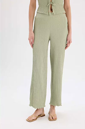 	Wide Leg Geniş Paça Beli Lastikli Basic Düz Bürümcük Pantolon
