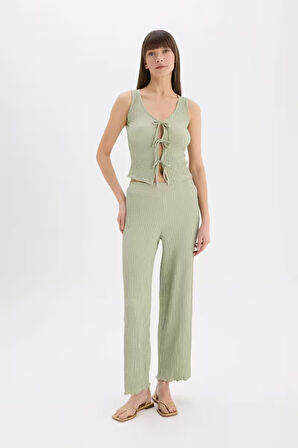 	Wide Leg Geniş Paça Beli Lastikli Basic Düz Bürümcük Pantolon