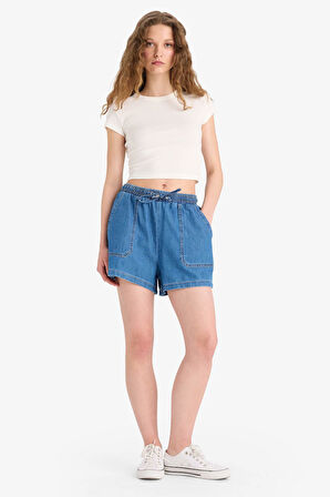 DeFacto Yüksek Bel Esnek Belli Bağcıklı Yumuşak Jean Şort E0958AX25SMNM28